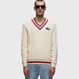 Lacoste Unisex V-Neck Cable Knit Cotton Sweater